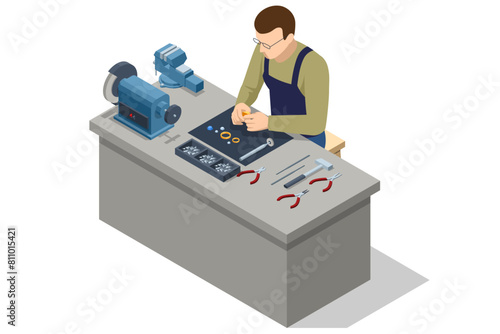 Isometric Professional Jewelry designer making handmade jewelry. Jeweler at work on his studio. Silver jewellery set with gemstones. Product still life concept