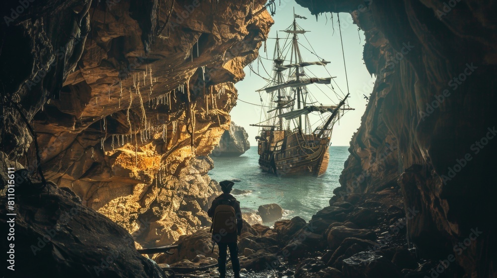 An explorer uncovered a stranded vintage sail pirate ship in a cave.