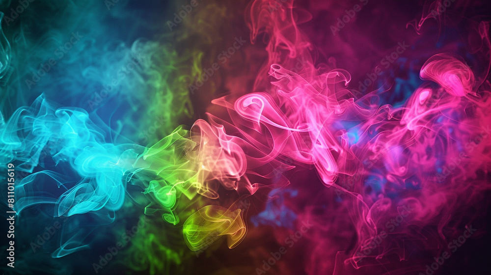 A vibrant clash of smoke in neon colors--bright pink, electric blue, and lime green--against a dark background, creating a lively and energetic abstract image. A vibrant clash of smoke in neon colors--bright pink, electric blue, and lime green--against a dark background, creating a lively and energetic abstract image.
