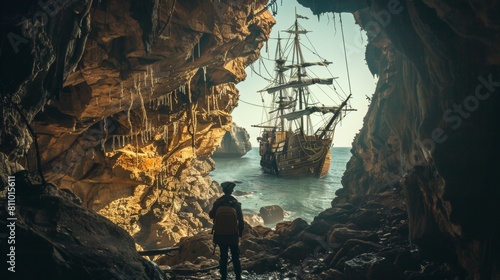 Obraz na płótnie An explorer uncovered a stranded vintage sail pirate ship in a cave. w salonie
