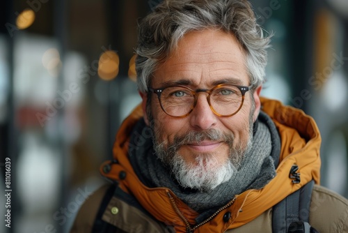 Engaging image of a smiling mature man with glasses, warmly dressed, conveying an approachable and friendly demeanor outside photo