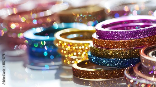 Sparkling bangles in assorted colors arranged neatly on a clean white surface, captivating the eye. photo