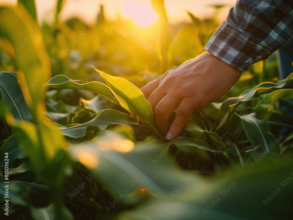 Obraz premium At dusk, a farmer inspects the corn crop, gently touching a maize leaf in a close-up shot, ensuring its well-being.