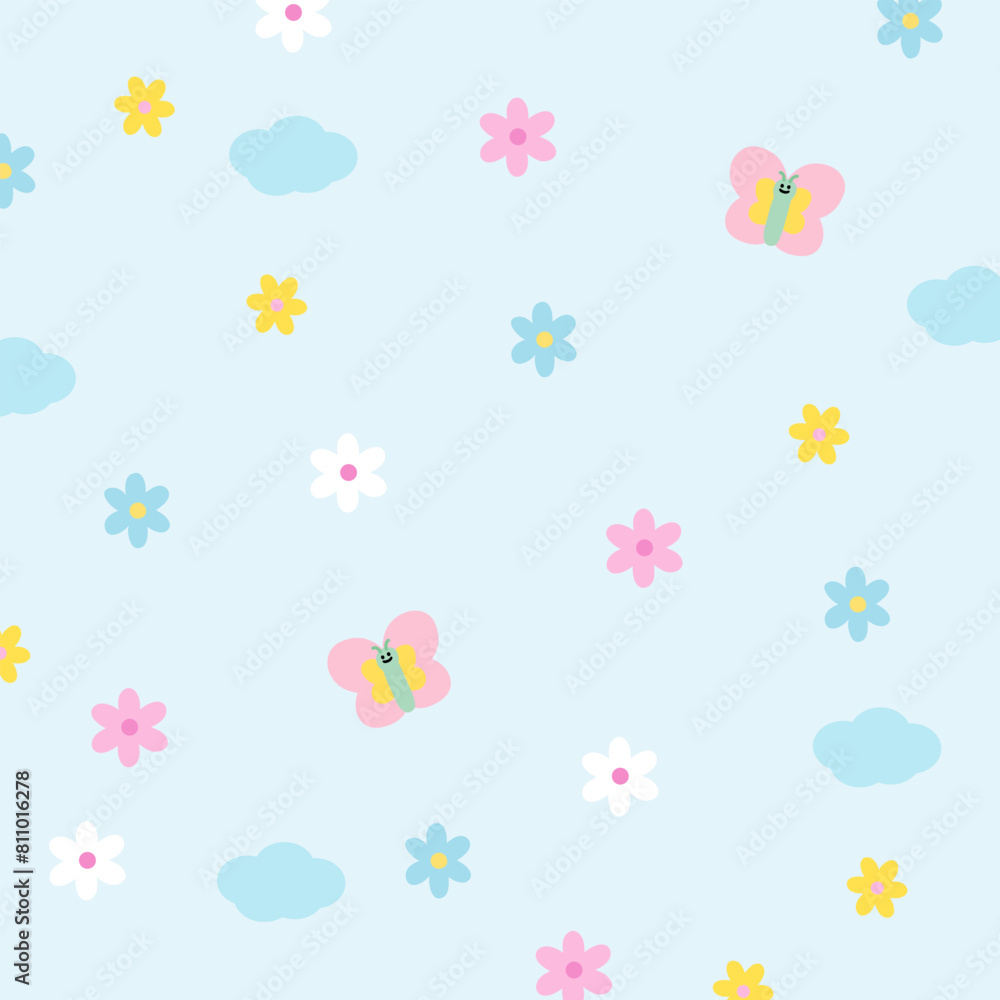 Illustration of butterfly, flowers, cloud on a pastel blue background for fabric, floral print, wallpaper, backdrop, kid clothes, picnic, spring, summer, cute pattern, textile, garment, toddler, baby