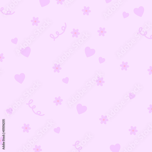 Illustration of heart, flowers on a pastel pink background for Valentine card, fabric, floral print, wallpaper, backdrop, kid clothes, picnic, spring, summer, cute pattern, gift wrap, packaging, love