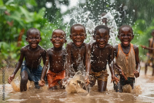 Five African boys laughing together joyfully while playing and splashing in water, sharing a moment of pure happiness