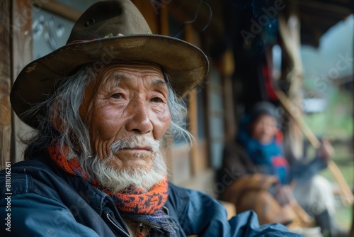 Serene portrait of an elderly man wearing a hat, contemplating life with a thoughtful expression in a rural country setting © Larisa AI