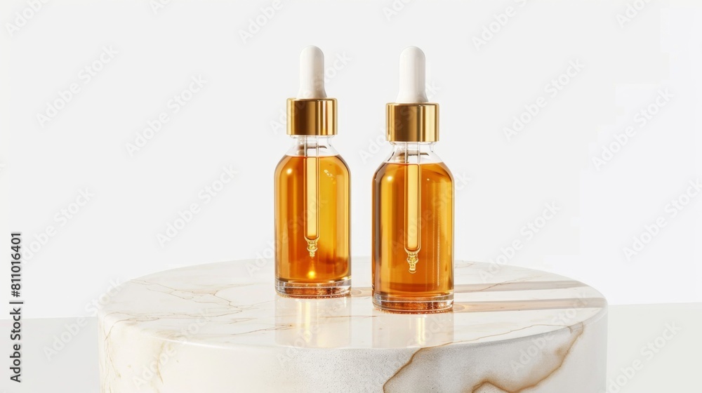 Two sleek bottles of oil elegantly displayed on a stunning marble table