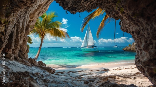 A sailing ship viewed from a cave with palm tree and beach