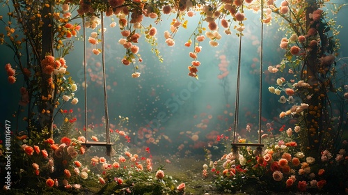 digital backdrop for newborns Full of flowers and swings for children There was a light curtain separating the screen from which the cradle could be seen in the distance carefully photo