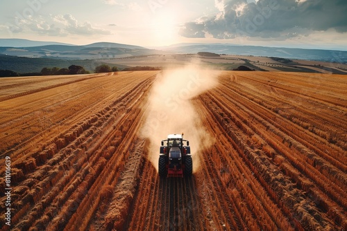 A contemporary tractor plows a vast agricultural field under a dynamic sky