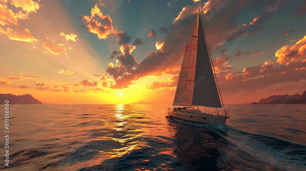 Fototapeta premium Sailing ship in sea water at sunset.