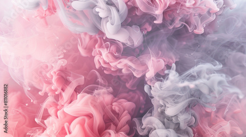 Soft plumes of smoke in shades of pink and soft grey, evoking the delicate textures and colors of a blossoming flower.