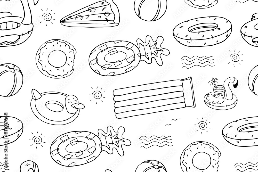 Seamless pattern of inflatable rubber circles, an air mattress, children's inflatable circles. Inflatable ring in the shape of a flamingo, duck, watermelon, donut, pizza slice, pineapple.