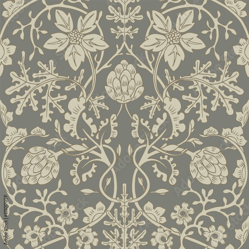 Gray ornamental background. Seamless floral pattern. Modern wallpaper style.
