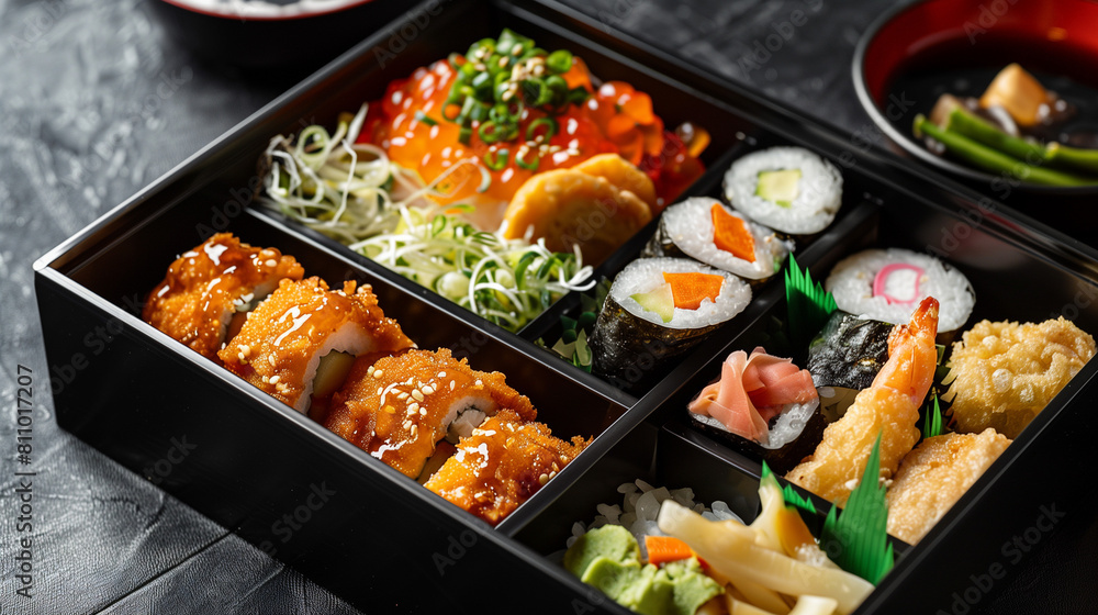 Japanese Bento Box: Neatly Arranged Compartments with Colorful and Delicious Ingredients Japanese Bento Box: Neatly Arranged Compartments with Colorful and Delicious Ingredients