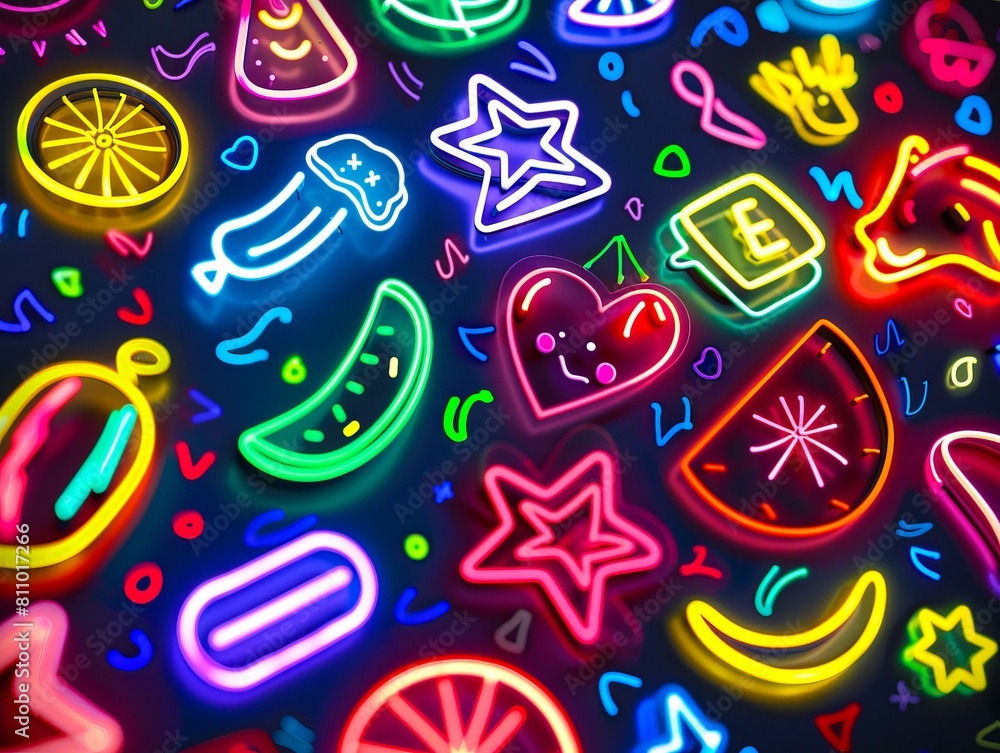 Neon signs on a dark background.