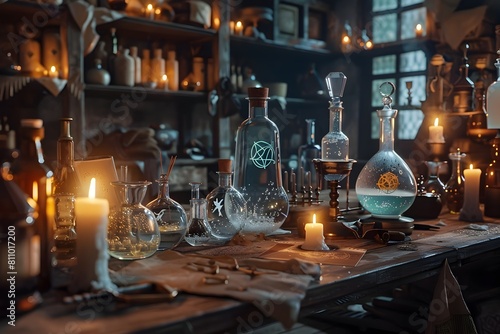 Alchemical Laboratory with Bubbling Glassware and Flickering Candles in a Moody Mystical Atmosphere