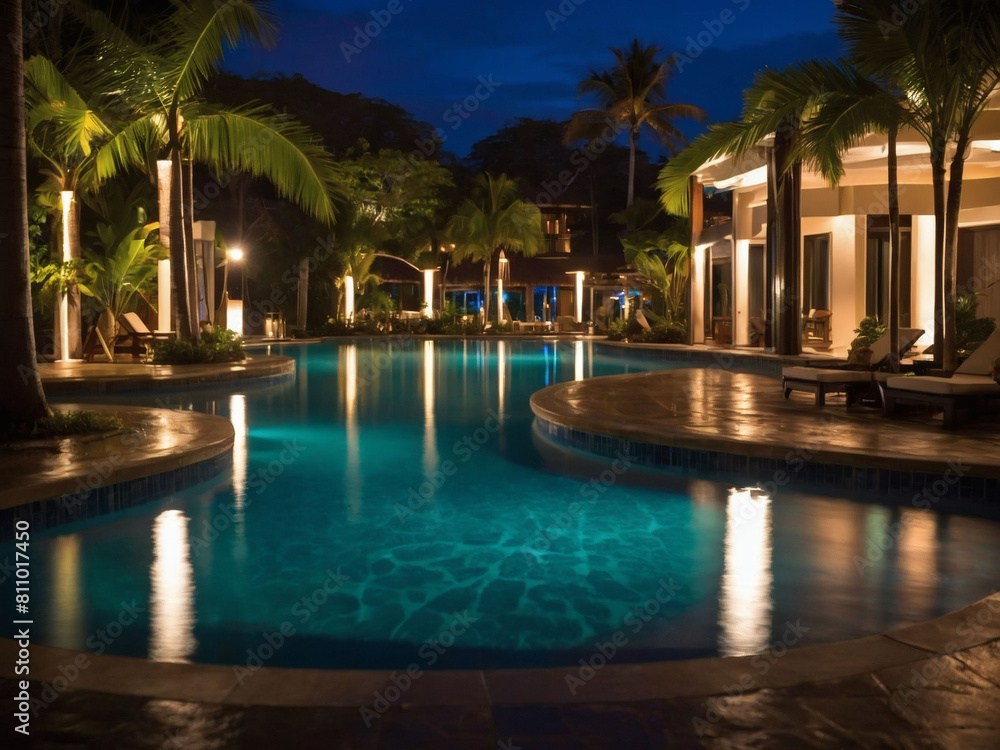 Nighttime Splendor, Tropical Resort Pool Exuding Luxury and Serenity after Dark