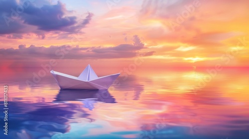 Paper boat in water with reflections at sunrise.