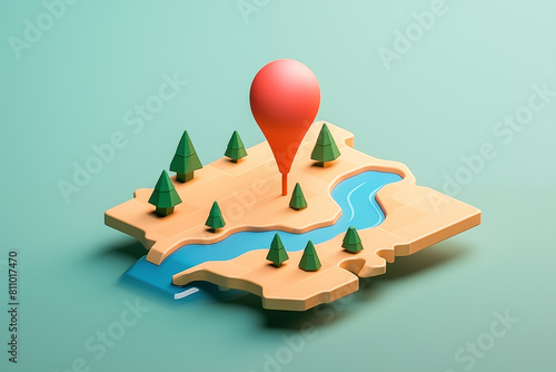 Stylized model of abstracted map with a river, several trees, and a large red destination pin prominently placed on the terrain. Concept of location finding and navigation on a pale green background.