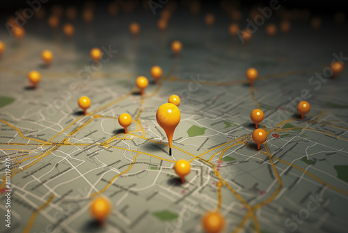 Close-up view of yellow map pins highlighting locations on a city map