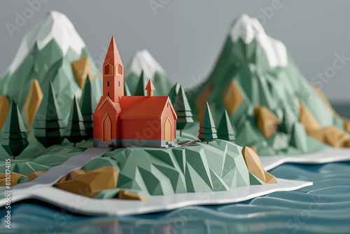 A meticulously crafted miniature scene depicting a red church nestled in a verdant valley surrounded by towering paper mountains. A meandering river cuts through the landscape photo