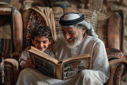 A Middle Eastern father and son sit on a worn armchair, laughing together as they look through a dusty photo album.