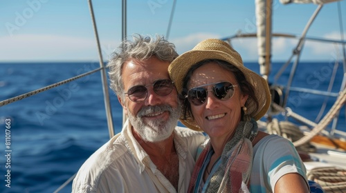 A lovely senior couple on deck of yacht in sea. © rabbit75_fot