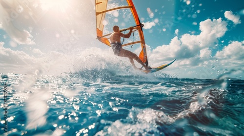 A wind surfer is sailing in sea with water splashes.