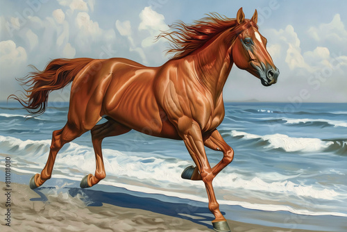 horse on the beach  The chestnut horse is depicted in full gallop  its powerful muscles rippling as it moves gracefully along the shore