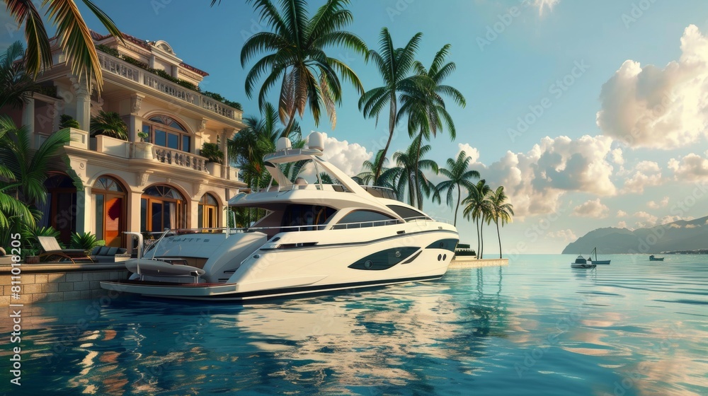 Luxury yacht parked at luxury home mansion in sea water.