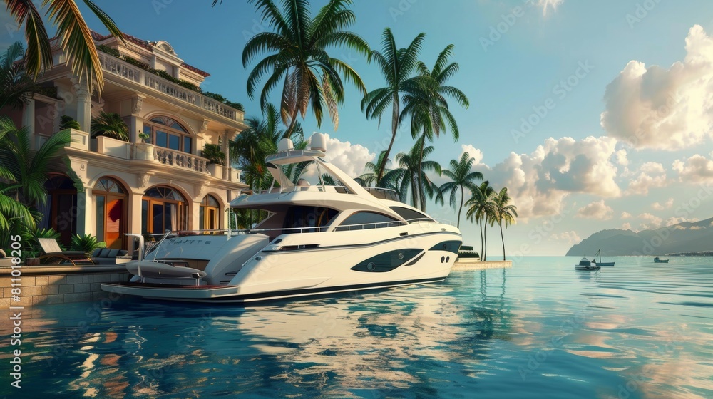 Fototapeta premium Luxury yacht parked at luxury home mansion in sea water.