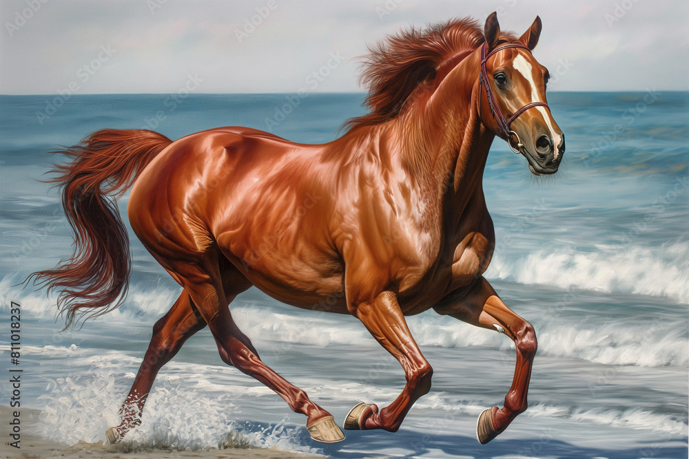 horse on the beach, The chestnut horse is depicted in full gallop, its powerful muscles rippling as it moves gracefully along the shore horse on the beach, The chestnut horse is depicted in full gallop, its powerful muscles rippling as it moves gracefully along the shore
