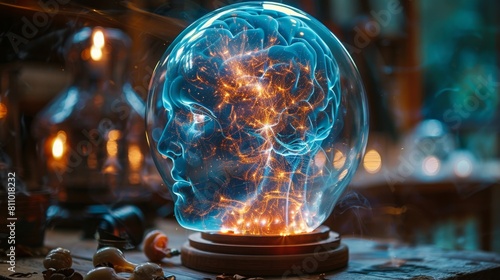 concept banner visual of telepathic communication depicted with crystal ball projecting brain waves between two individuals, symbolizing mind connection