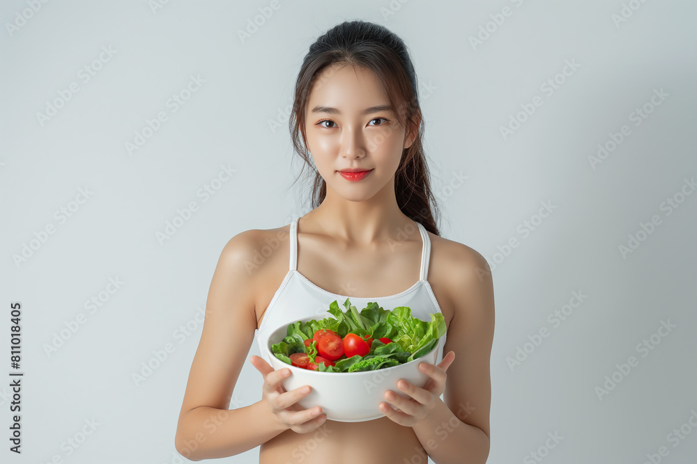 Portrait of happy woman in sportswear holding salad bowl. Healthy lifestyle concept. Copy space Portrait of happy woman in sportswear holding salad bowl. Healthy lifestyle concept. Copy space