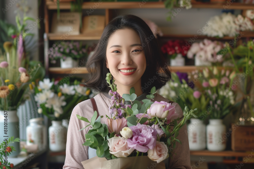 Smiling small business owner Asian woman holding bouquet of flowers at her flower shop