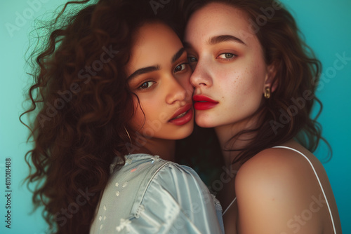Happy and sexy inlove lesbian couple on studio background. Diversity, Lgbtq people concept. Closeup photo