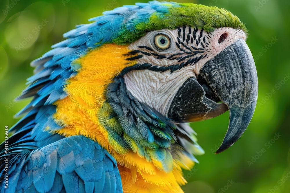 Closeup of colorful macaw parrot face, green background. high detail, ultra realistic photo, Canon EOS C30