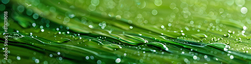 A closeup of raindrops falling on green grass, creating an abstract background with blurred droplets and a vibrant green backdrop.