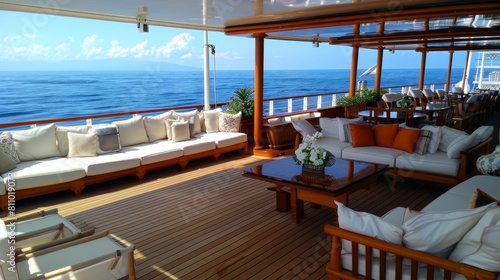 Interior view of a luxury yacht in sea water.