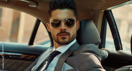 a rich man in sunglasses and a suit sitting on the back seat inside a luxury car © Kien