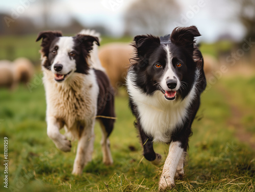 Two skilled border collie dogs with black and white fur, marked by red hair, expertly herd sheep in a paddock. They are intelligent, trained to interact with people, and excel in the sport of herding.