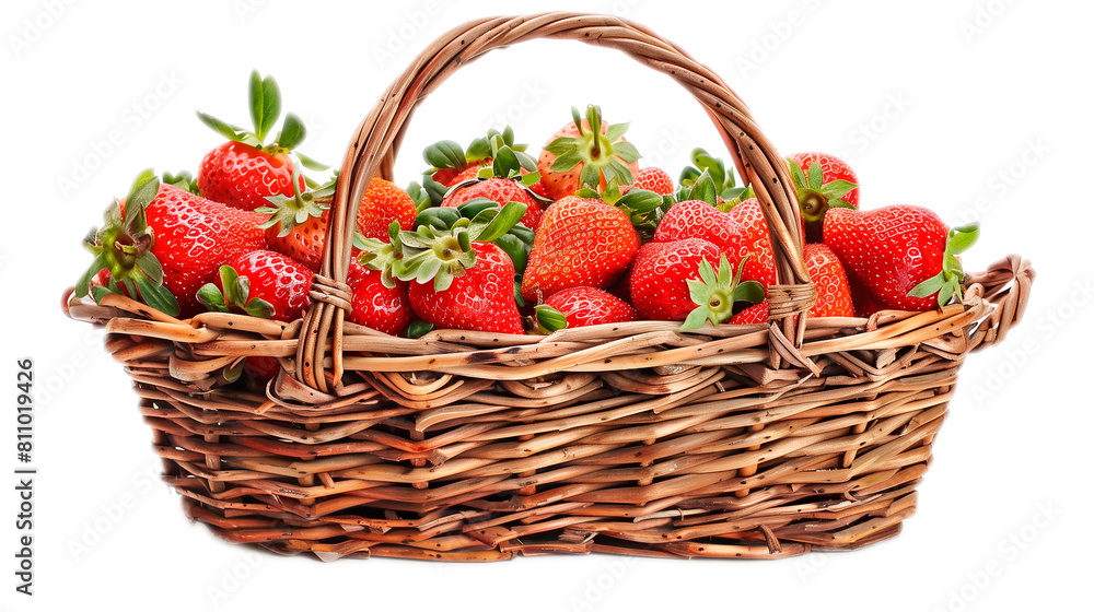 Rustic basket brimming with ripe organic strawberries casts a warm shadow on a sunny July afternoon isolated on a white background Rustic basket brimming with ripe organic strawberries casts a warm shadow on a sunny July afternoon isolated on a white background