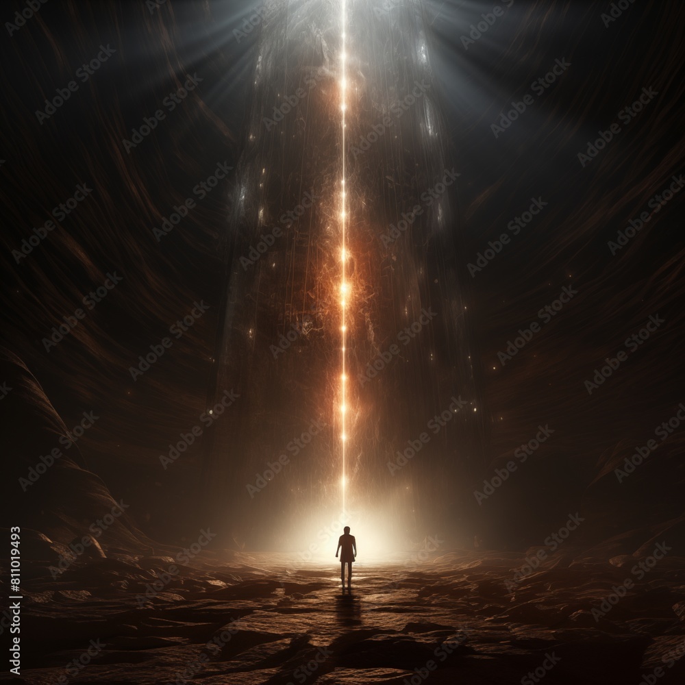 Obraz premium A Lone Figure Stands Before a Mysterious Beam of Light in an Atmospheric Cave