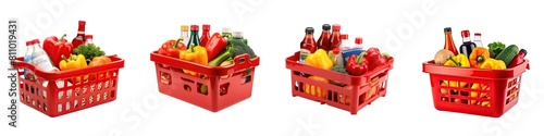 Pack of Red shopping basket full of food and groceries without background png  photo