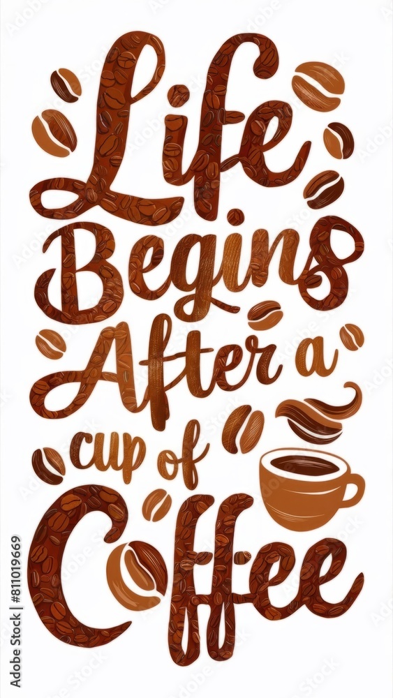Creative typography made from coffee beans with the inscription “Life begins after a cup of coffee” and an image of a cup. AI generated. Creative typography made from coffee beans with the inscription “Life begins after a cup of coffee” and an image of a cup. AI generated.