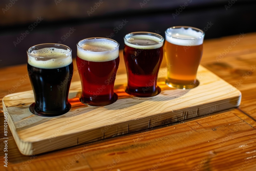 A flight of different craft beers on a wooden board, super realistic A flight of different craft beers on a wooden board, super realistic