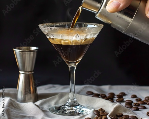 A luxurious espresso martini being shaken and strained into a chilled martini glass , super realistic