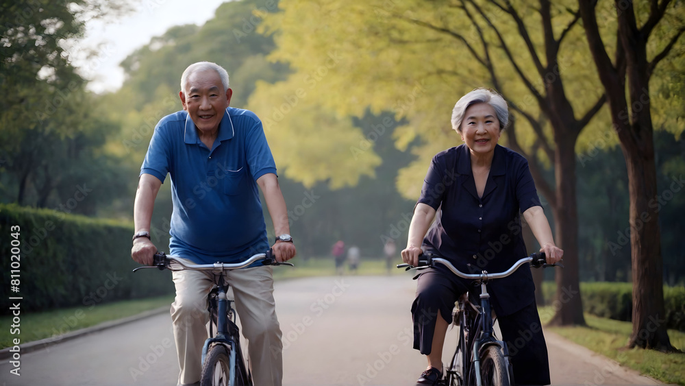 Fototapeta premium asian senior couple cycling